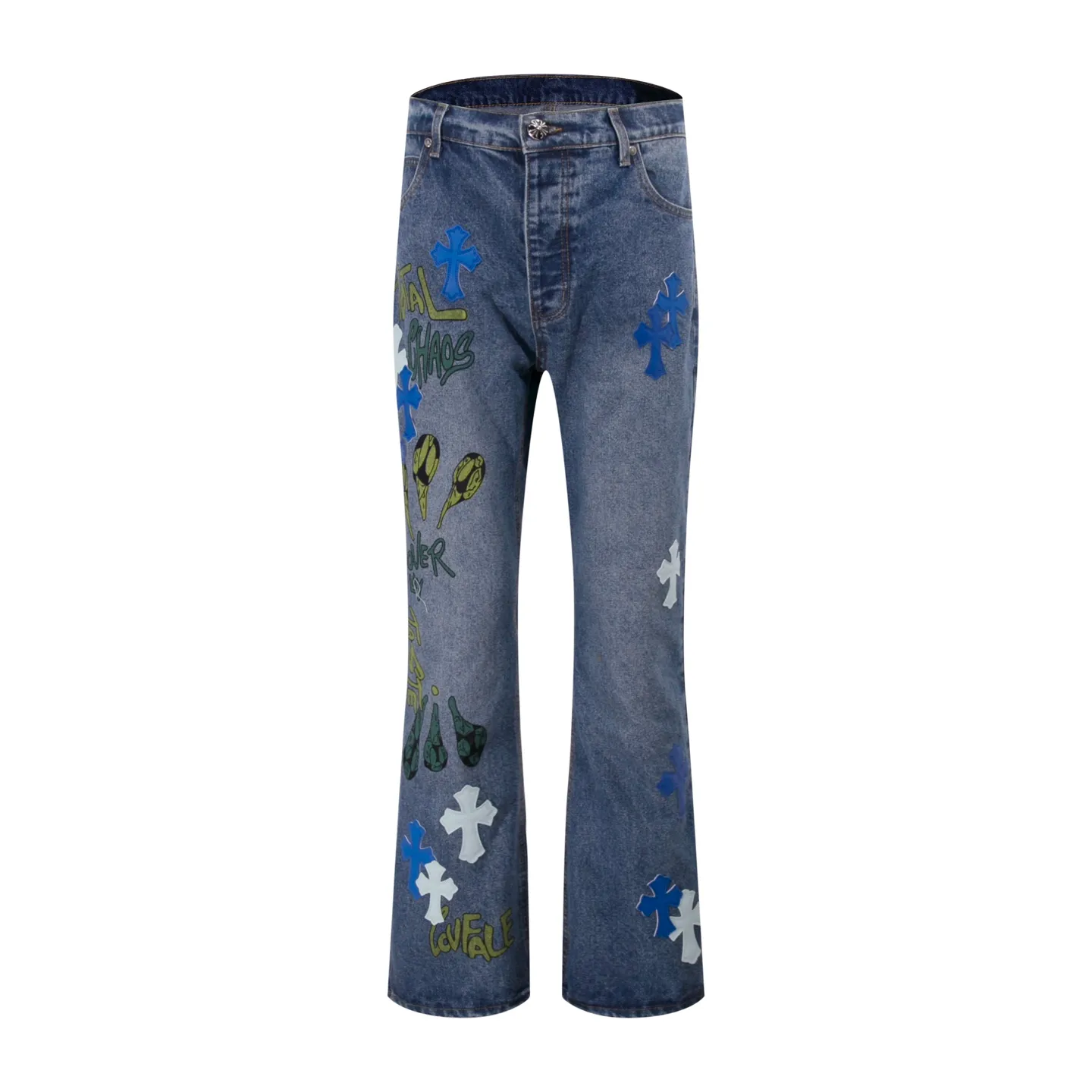 P260 Style No.: H885 Crow Heart & 𝐂𝐡𝐫𝐨𝐦𝐞 𝐇𝐞𝐚𝐫𝐭 ss25 new graffiti letters blue and white cross leather couple style loose washed micro-flared jeans. Styles with different washed textures are very friendly to people with thin legs. The micro-flared version perfectly modifies the leg shape. The timeless and moderate length makes it easy to match and match. It is the basis for various styles and is a must-have in your wardrobe! The fabric is stiff but also makes the upper body soft without losing texture. The washing process is even more perfect. It is a must-have item for everyone! ! ! Washed wheat, hang tag, pants label, three labels complete Color: blue Size: 28-30-32-34-36